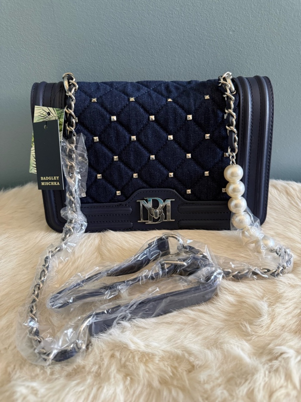 Badgley Mischka Navy Denim Diamond Quilted Crossbody with Pearl Strap